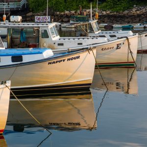 Lobsterboats lined up at anchor in Perkins Cove.