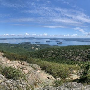 The view of Bar Harbor from the top of Cadillac Mountain in Acadia National Park in Mount Desert