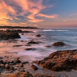 Riveting sunrise along the Pebble Beach, California coast.