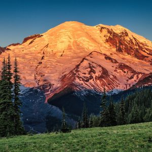 The eastern face of Mt. Rainier begins to glow at sunrise from a location appropriately named,