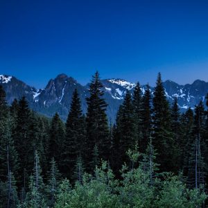 Half moon over the Tatoosh Range shortly after sunset.