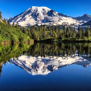 Mt. Rainier perfectly reflected in the glassy surface of Bench Lake in Mt. Rainier National Park,
