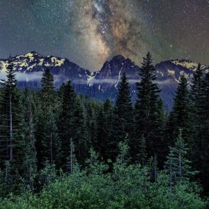The Milky Way hovers over the Tatoosh Range on the southern border of Mt. Rainier National Park.