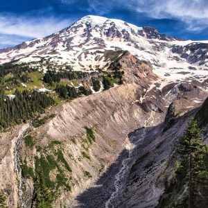 The glacially-carved Nisqually Moraine and Nisqually River on the southern slope of Mt. Rainier,