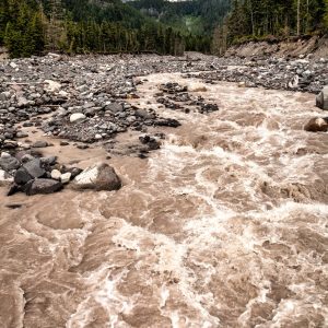 The Nisqually River meanders through Mt. Rainier National Park, from its source – a glacier on the