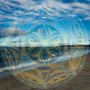 My photograph of a North Shore beach blended with my mandala artwork design 'Mooncodes-Blue