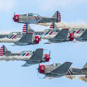 Geico SkyTypers performing in the annual Jones Beach Airshow. Close-quarters flight crossing.