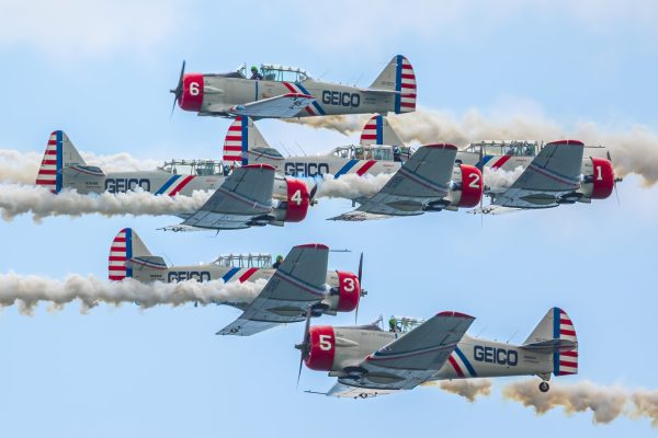 Two-Way Traffic 11 Geico SkyTypers performing in the annual Jones Beach Airshow. Close-quarters flight crossing.