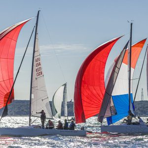 Overlapped boats just off the start jockeying for an advantage of some clear air in the Whitebread