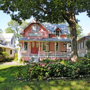 Peach cottage (gingerbread house) in Oak Bluffs, Martha's Vineyard