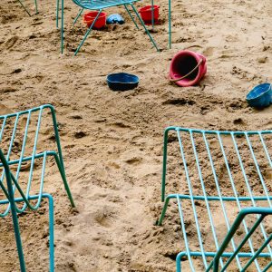 Conjuring warm childhood memories, this city sandbox evokes youthful summers of bygone days. This
