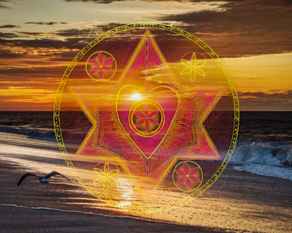 My hand drawn BELIEVE spiritual art mandala blended with a golden sunrise. Witnessing the ocean