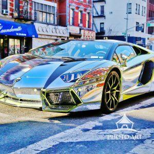 Lambo in the City 113 Shiny silver Lamborghini in New York City.