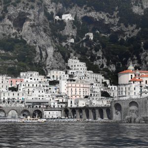 View of Sorrento and Atrani shoreline (Amalfi Coast) from the sea.