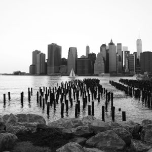 An evening view of lower Manhattan and financial district ffrom Brooklyn Heights Promenade.