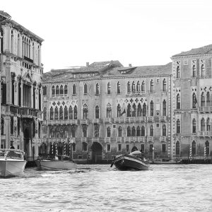 3 boats crusing the Grand Canal of Venice, B&W.
