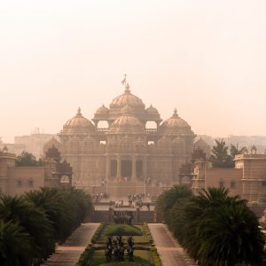 Frontal view of Akshardham Temple located in Delhi, India.