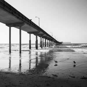 The pier at Ocean Beach in San Diego. Love the shadows the pier creates in the sand. Tried to catch