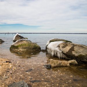 I always feel lucky when I find ice on salt water. These icicles formed on all the boulders here at