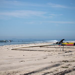 Surfboards set up on the shore while their owners took a break from the waves. I love the bright