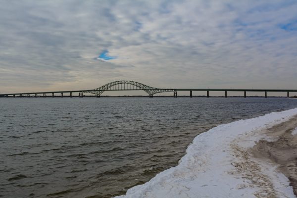 Robert Moses Bridge from Captree State Park on a frozen winter day.