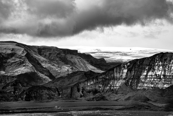 A Black & White view of the Mýrdalsjökull Glacier in Iceland