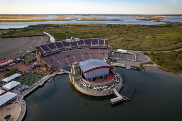An aerial view of the Northwell Health at Jones Beach Theater located in Jones Beach State Park in