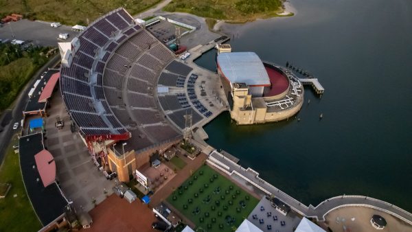 An aerial view of the Northwell Health at Jones Beach Theater located in Jones Beach State Park in