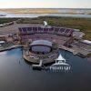 An aerial view of the Northwell Health at Jones Beach Theater located in Jones Beach State Park in