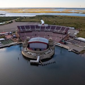 An aerial view of the Northwell Health at Jones Beach Theater located in Jones Beach State Park in