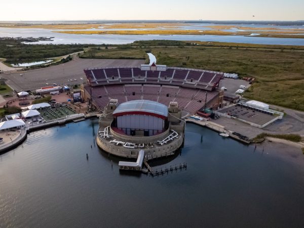 An aerial view of the Northwell Health at Jones Beach Theater located in Jones Beach State Park in