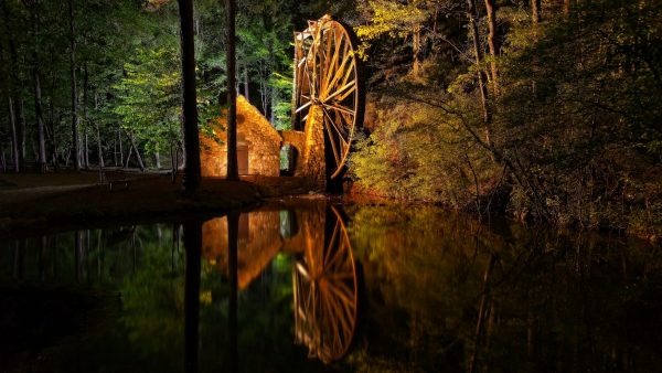 Mill constructed in 1930 and is periodically operated by Berry College. Wheel is 42 feet in