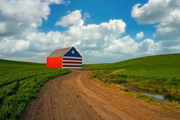 Barn painted red, white and blue on farm in Idaho