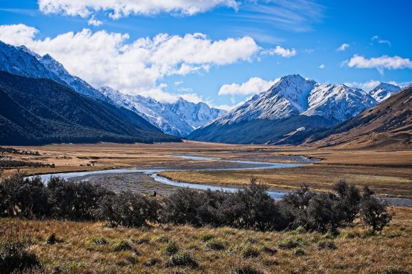 Snowcapped Mountain Range in Fall