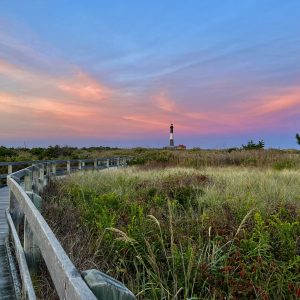 Fire Island Lighthouse at sunset.