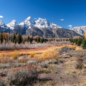 A view of the Grand Teton and the Teton Range in full view as seen from Schwabacher's Landing.
