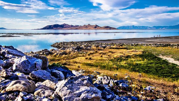 The Great Salt Lake with a view of Antelope Island in the background. The lake lies in parts of five