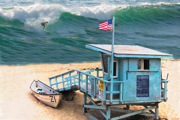 Famous California style lifeguard stand by the Pacific Ocean, keeping a watchful eye on surfers