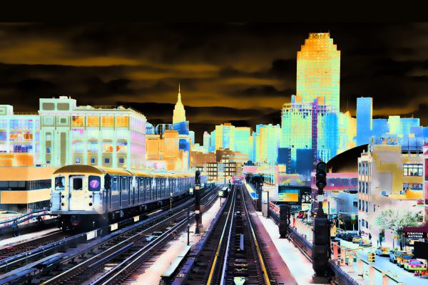 False color rendering of the elevated train on Queens Blvd. The Manhattan skyline is in the