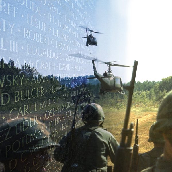 A composite photo of US Army troops being airlifted in Huey helicopters during a training exercise