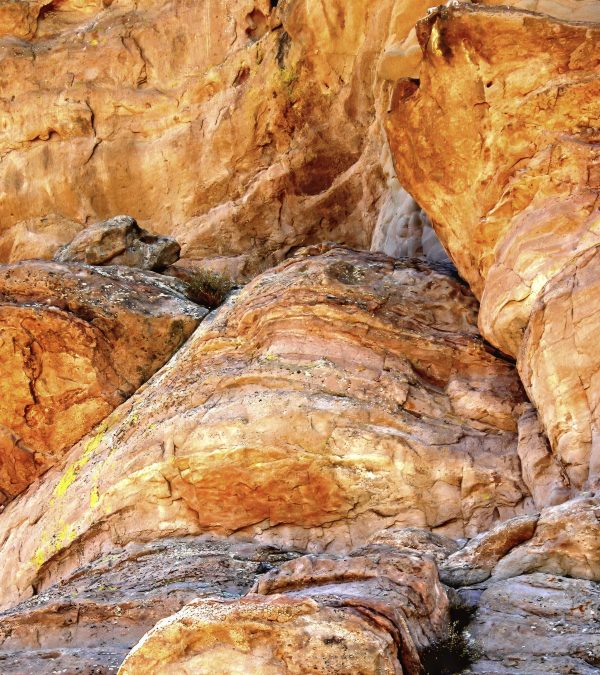 Sunlight casts warm tones on the rugged surface of a Vasquez rock formation, highlighting its