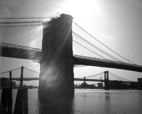 This is a black and white photograph of suspension bridges across the East River. The Brooklyn