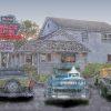 A stylized photo based montage of old cars lined up for some fifties fun.