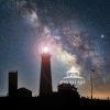 The Montauk Point lighthouse is pictured here under a star studded sky.