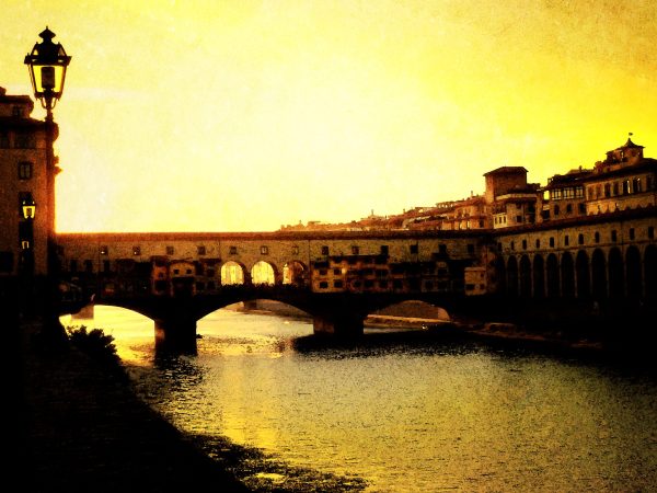 Digitally enhanced photograph of the famous Ponte Vecchio Bridge over the Arno River in Flornce ,