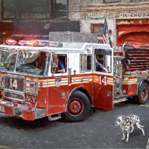 A red fire engine is sitting in front of firehouse. The engine is running and they are getting ready