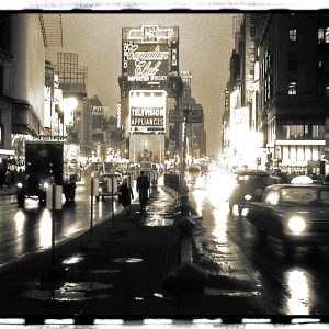 This sepia toned vintage photograph captures a bustling Times Square mid 20th century. Broadway and