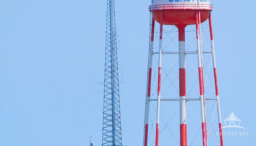 A view of the popular Coast Guard water tower and a yacht club in Cape May, New Jersey.