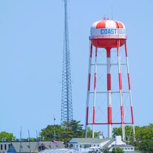 A view of the popular Coast Guard water tower and a yacht club in Cape May, New Jersey.