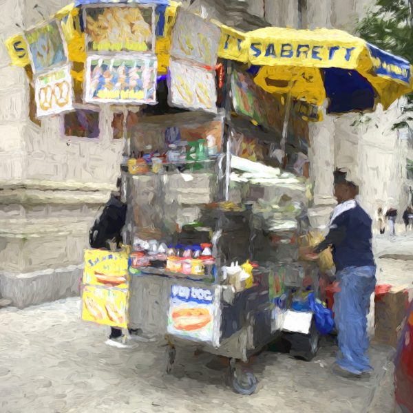 This is a photo painting of a street vendor's cart with a vibrant and colorful display. The cart is